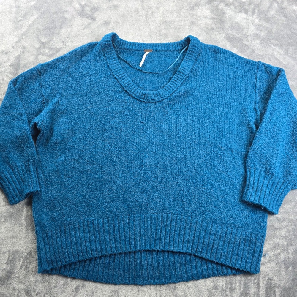 Free People Sweater Womens Small Teal Blue V-Neck High Low Oversized Knit Top